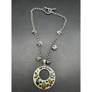 Vintage Circle Silver Tone Pendant Inlayed Stone Chunky Statement Necklace